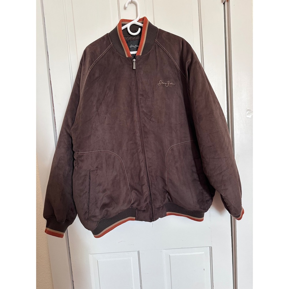 VTG Sean John Mens Faux Suede Bomber Jacket Brown Orange Striped Trim 2XL Y2K